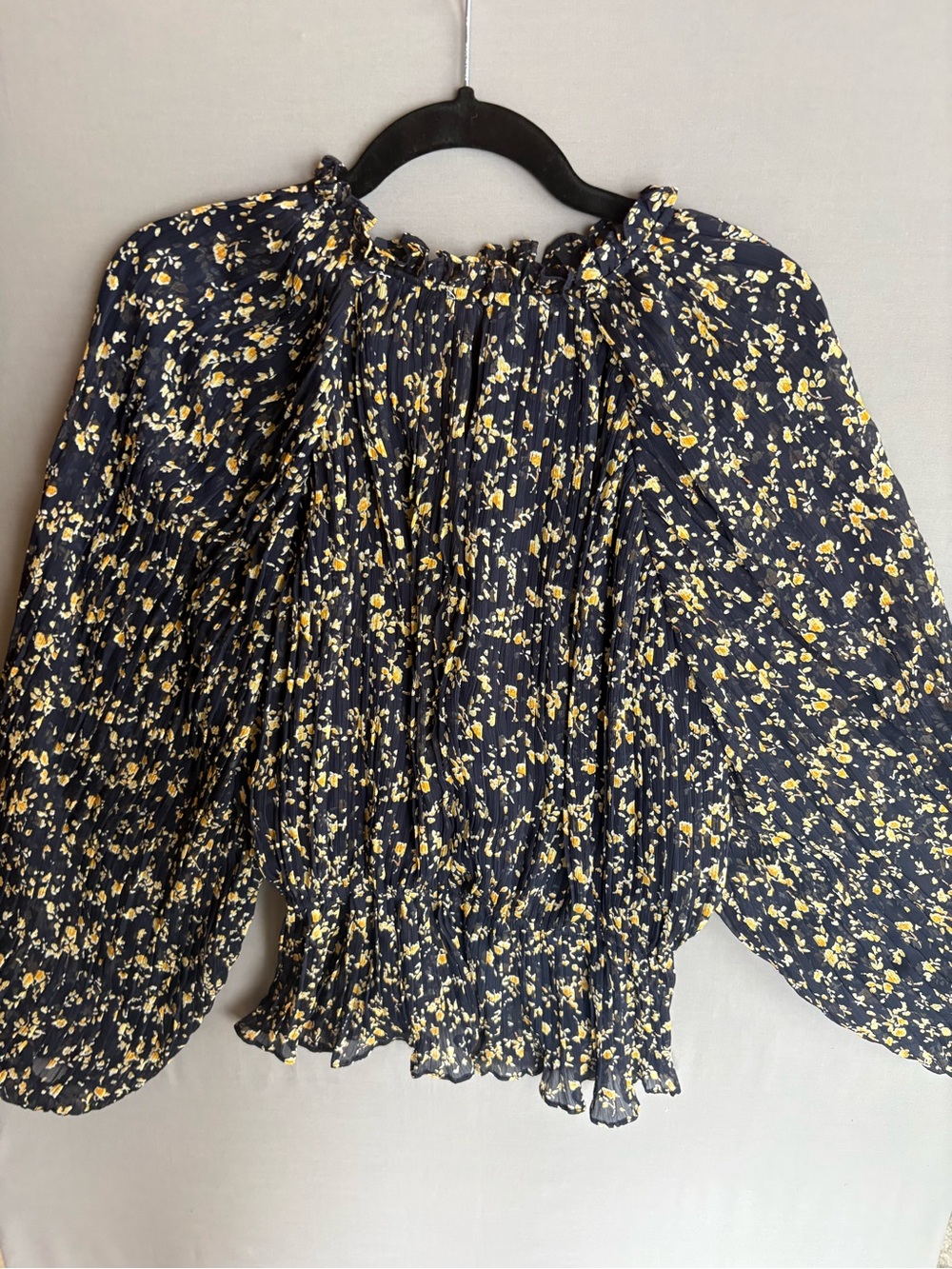Navy Blouse with Yellow Floral Print